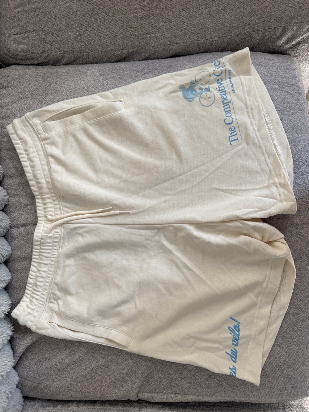 Men's Cream Casual Drawstring Shorts with Blue Graphic